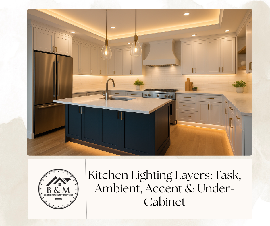 Lancaster PA kitchen with layered lighting—pendants, recessed ambient lights, and under-cabinet LEDs over quartz island.