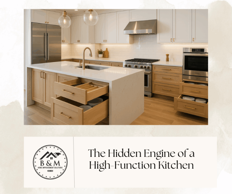 Bright custom kitchen in Lancaster PA with deep drawer organizers, double trash pullout, and waterfall island