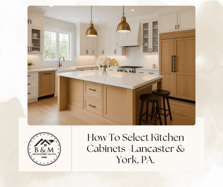 Custom kitchen cabinets in Lancaster, PA with white oak island, inset doors, and quartz waterfall countertop