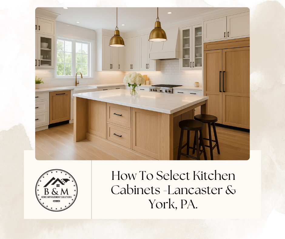 Custom kitchen cabinets in Lancaster, PA with white oak island, inset doors, and quartz waterfall countertop