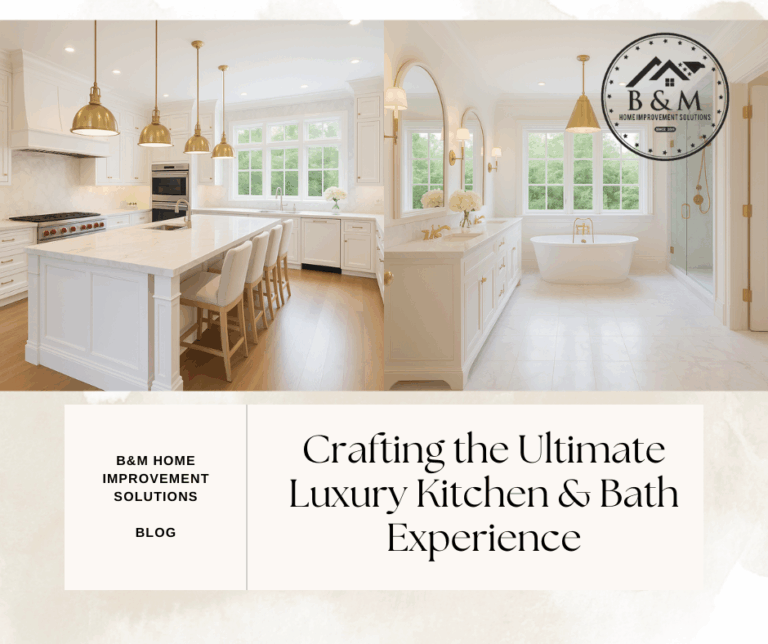 A fully custom kitchen and bathroom remodel featuring a bright, spacious chef’s kitchen with handcrafted cabinetry and a spa-like bathroom retreat, designed and built by B&M Home Improvement Solutions in Lancaster, PA.