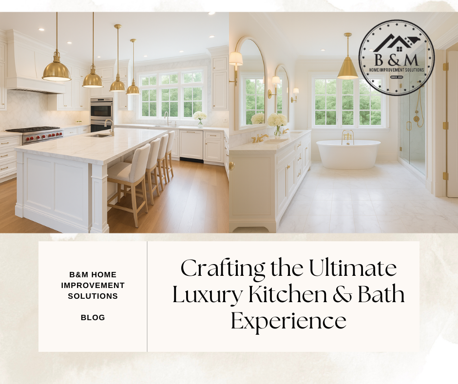 A fully custom kitchen and bathroom remodel featuring a bright, spacious chef’s kitchen with handcrafted cabinetry and a spa-like bathroom retreat, designed and built by B&M Home Improvement Solutions in Lancaster, PA.