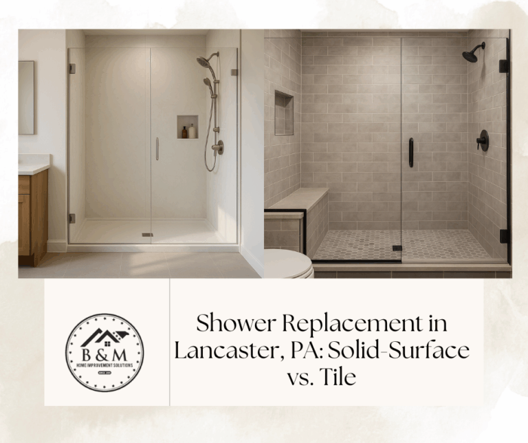 Solid-surface vs tile showers side-by-side—slab panels and frameless glass vs subway tile with bench and niche, Lancaster, PA.