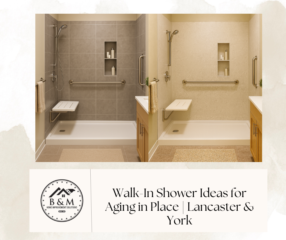 Walk-in shower ideas in Lancaster & York featuring Samuel Mueller walls, bench, and grab bars