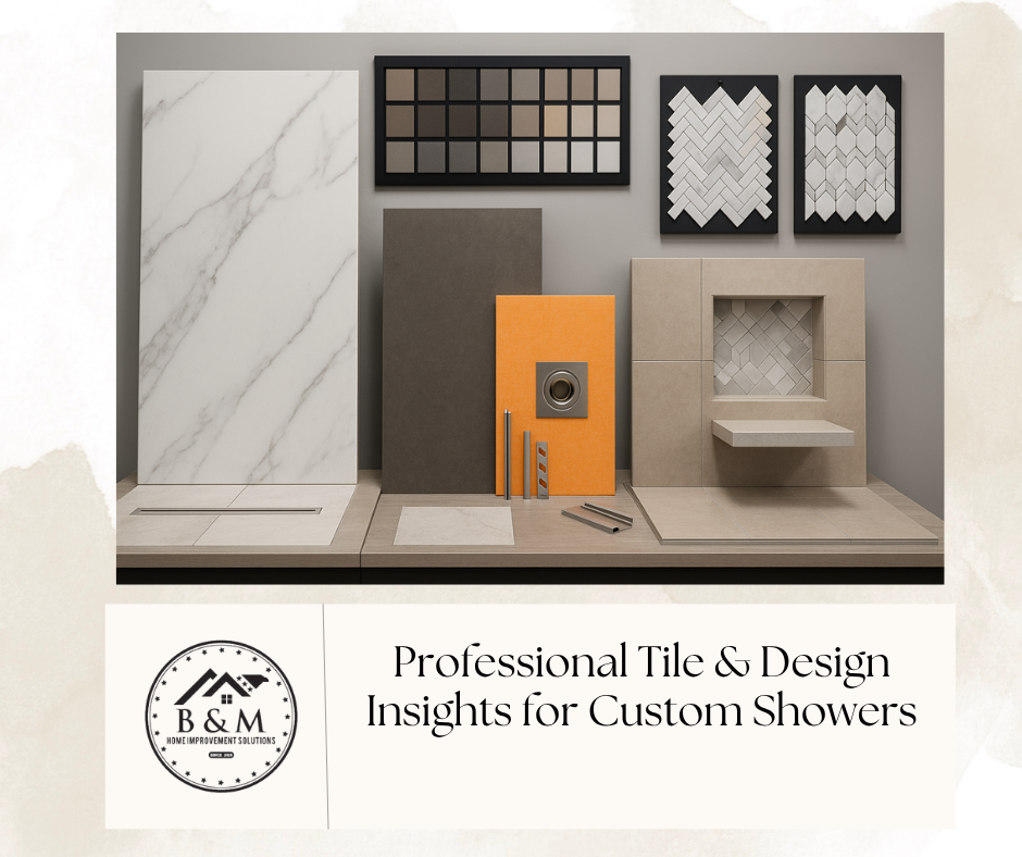 Professional tile showroom scene with 12×24 porcelain samples, marble mosaics, grout swatch board, orange waterproofing panel, metal edge profiles, curbless floor with linear drain, recessed niche, and floating bench.