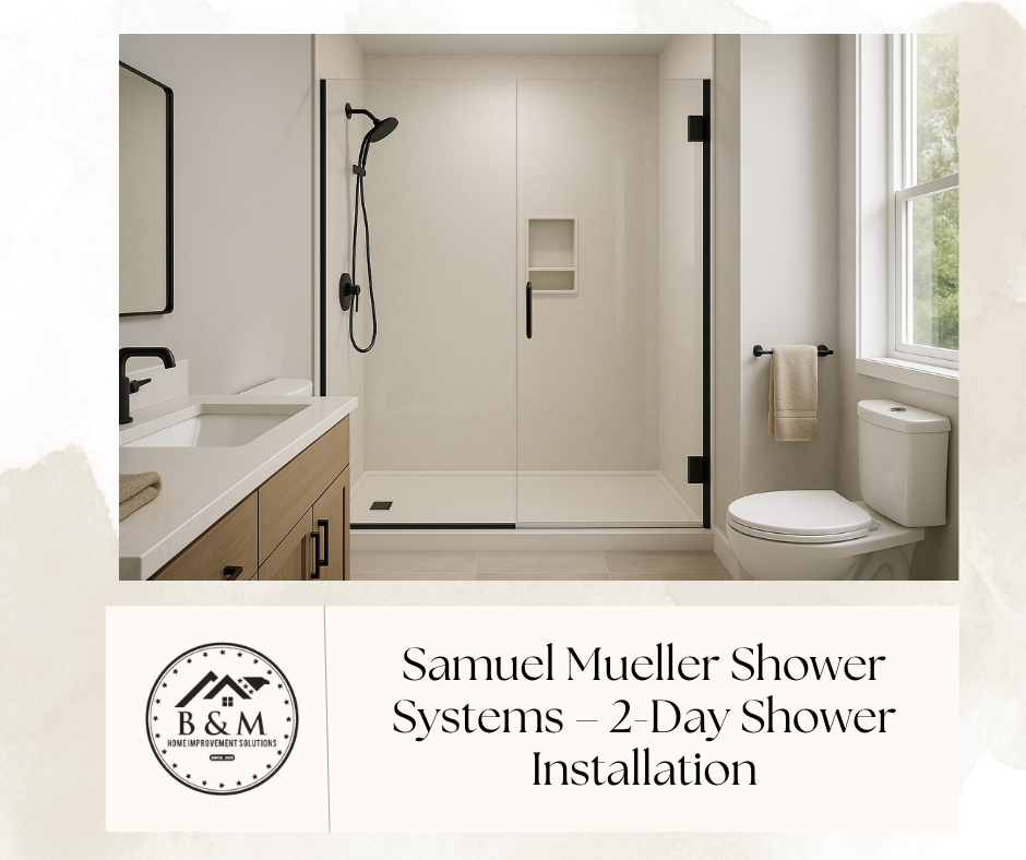 Frameless glass walk-in shower with smooth Samuel Mueller solid-surface panels in a bright Lancaster PA bathroom