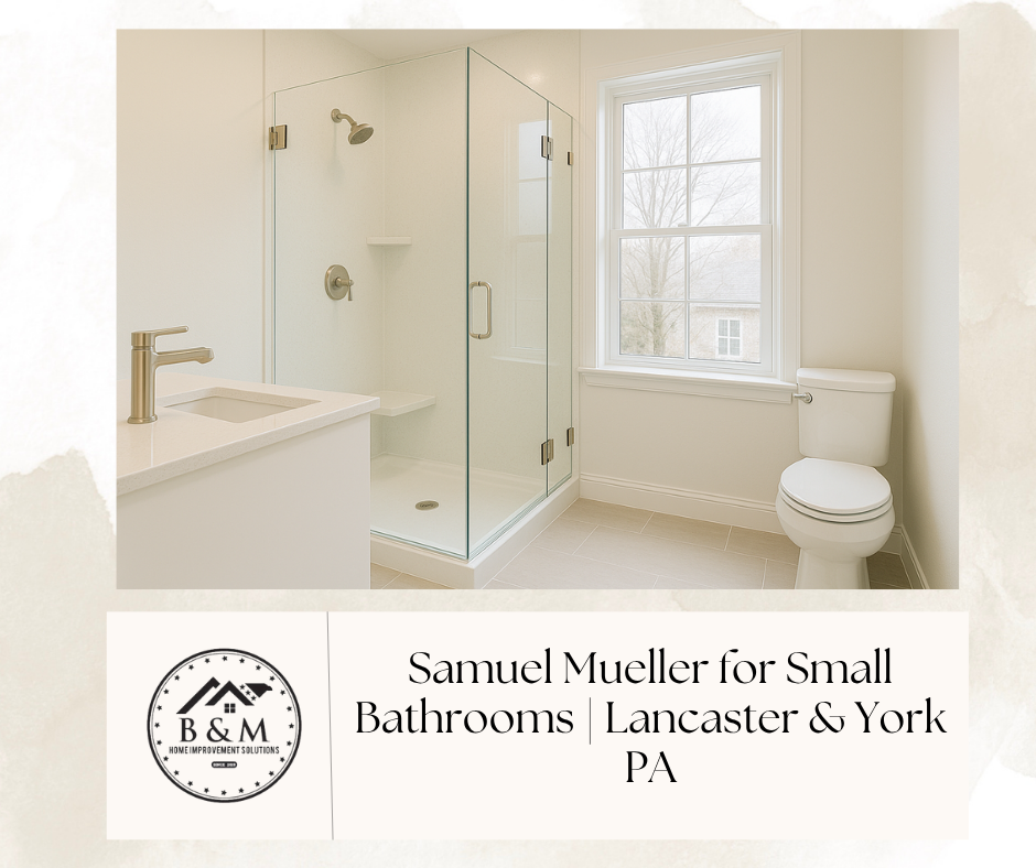 Frameless shower with Samuel Mueller solid-surface walls in a bright small Lancaster bathroom.