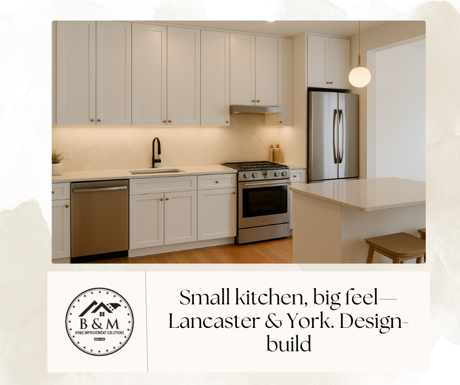 Bright small kitchen with tall white cabinets, under-cabinet lighting, peninsula seating, and counter-depth appliances in Lancaster PA