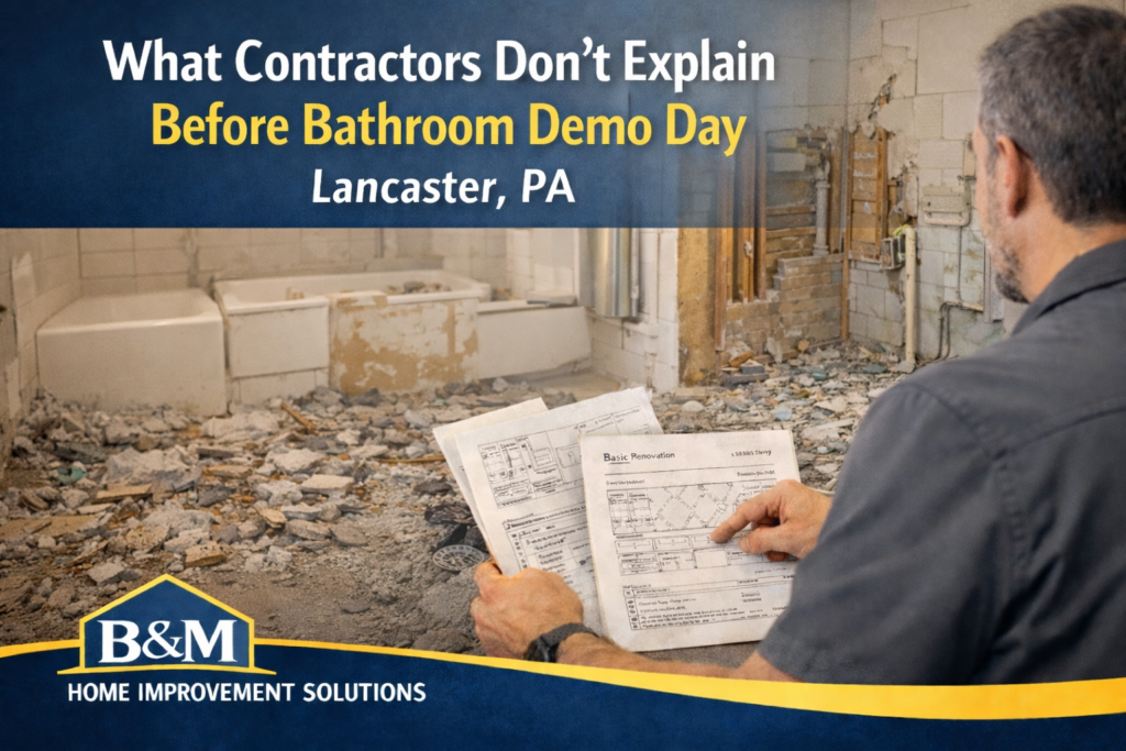 Bathroom demolition in an older Lancaster PA home showing exposed framing and plumbing before remodel planning