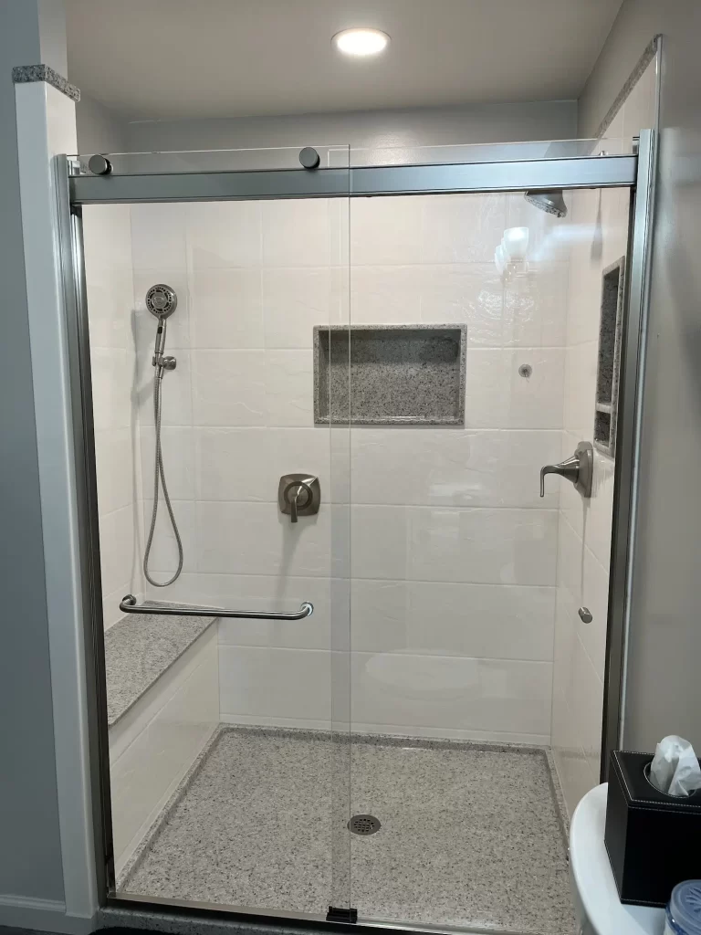 Onyx solid-surface shower with built-in bench