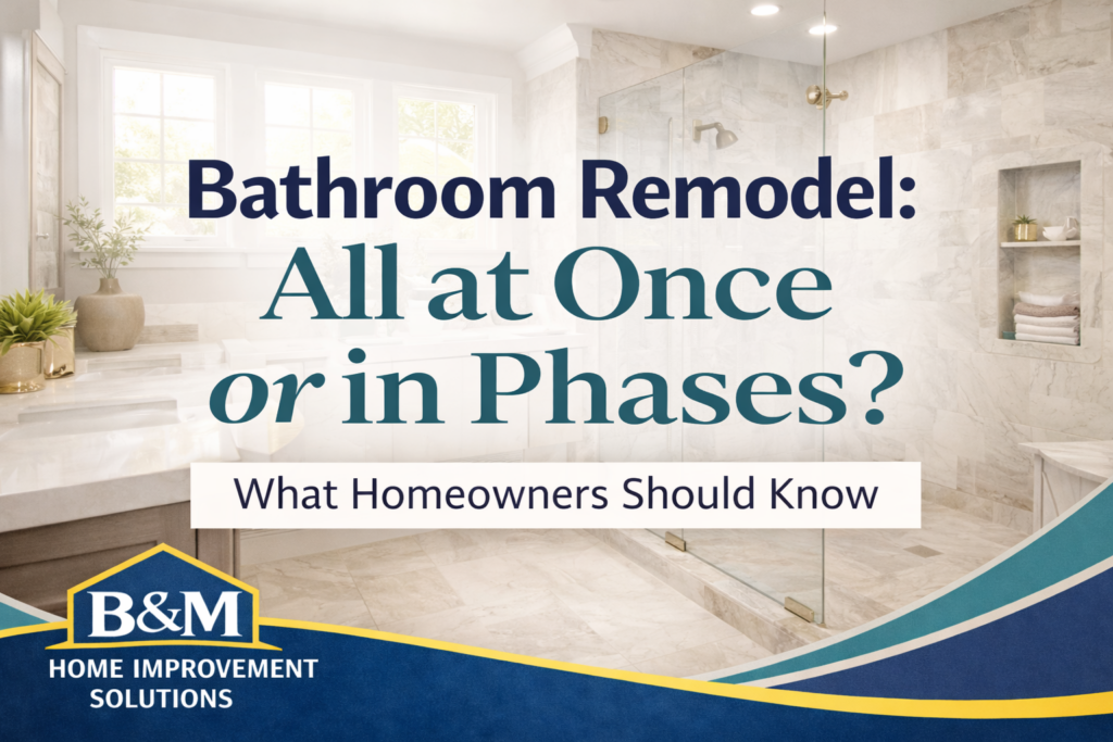 Bathroom remodel showing a completed walk-in shower and vanity, illustrating a full bathroom renovation completed at one time