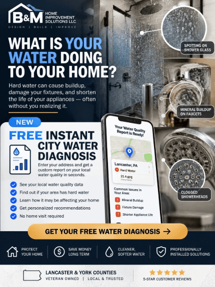 Hard water mineral buildup on bathroom faucet and shower glass in Lancaster PA