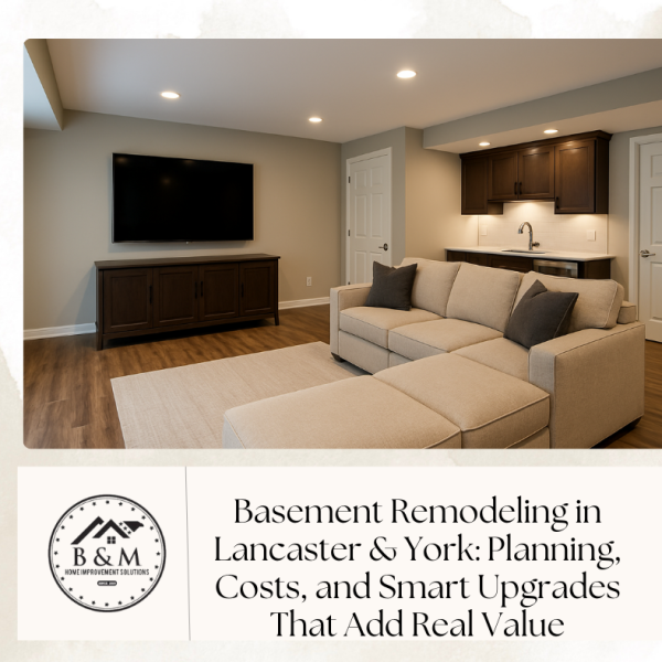 Finished basement in Lancaster PA featuring media lounge, sectional seating, and compact wet bar with warm layered lighting