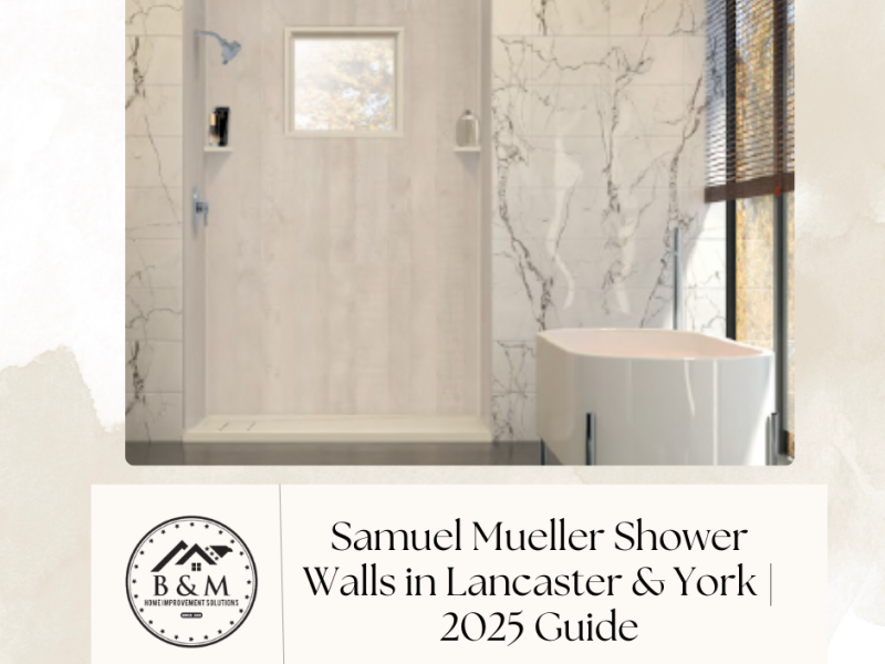 Frameless shower with linear drain and solid-surface walls in Lancaster PA, warm neutral palette and recessed lighting