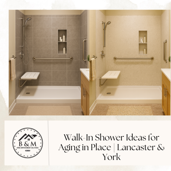 Walk-in shower ideas in Lancaster & York featuring Samuel Mueller walls, bench, and grab bars