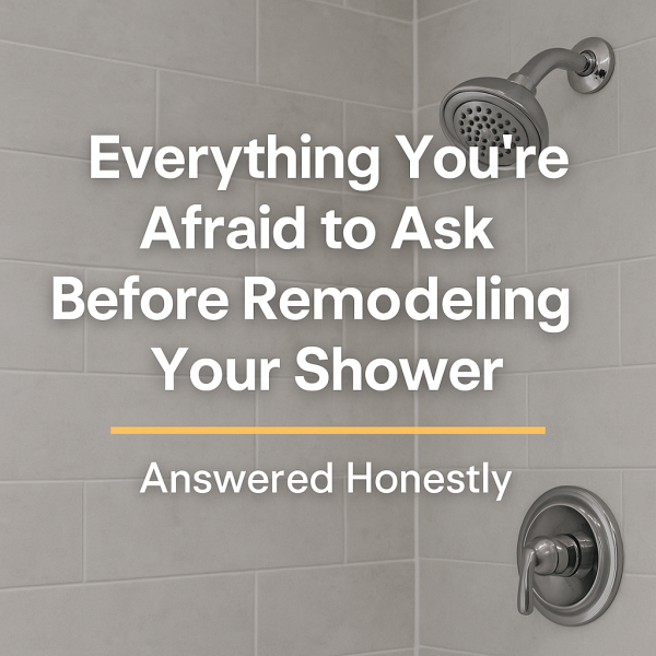 Modern tiled shower wall with chrome fixtures and overlaid text reading 'Everything You're Afraid to Ask Before Remodeling Your Shower – Answered Honestly,' designed as a blog cover image in a clean, professional style.