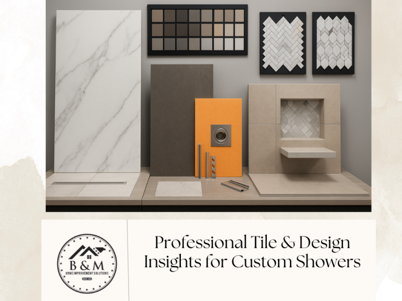 Professional tile showroom scene with 12×24 porcelain samples, marble mosaics, grout swatch board, orange waterproofing panel, metal edge profiles, curbless floor with linear drain, recessed niche, and floating bench.