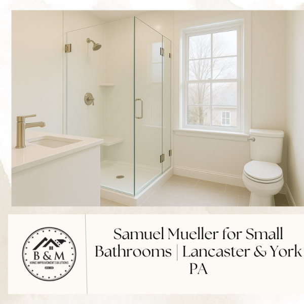 Frameless shower with Samuel Mueller solid-surface walls in a bright small Lancaster bathroom.