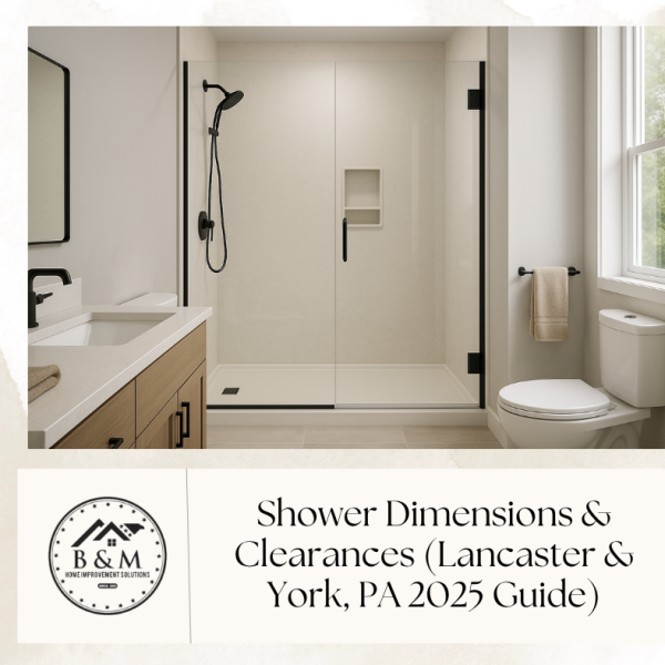 Frameless glass walk-in shower with smooth Samuel Mueller solid-surface panels in a bright Lancaster PA bathroom