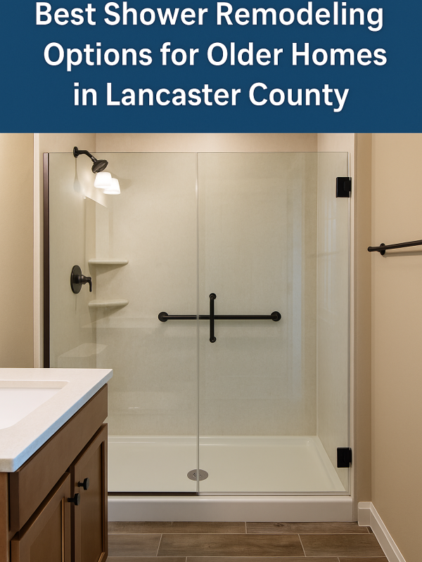 Modern walk-in shower with solid surface walls in a beautifully remodeled bathroom inside a 1970s Lancaster County home, featuring built-in shelving, a frameless glass door, and accessibility-friendly low-threshold entry.