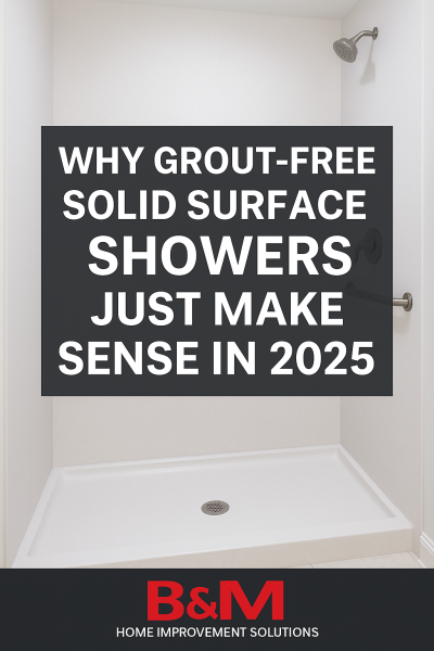 Modern solid surface shower system with seamless panels, installed by B&M Home Improvement Solutions in Lancaster, PA