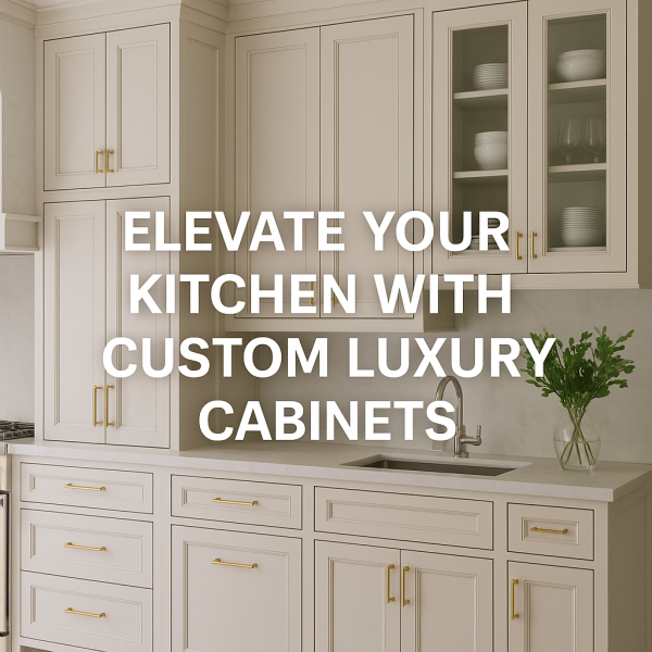 Luxury custom kitchen cabinets with light beige wood, gold hardware, marble countertop, and integrated appliances, designed for an elegant, high-end kitchen remodel.
