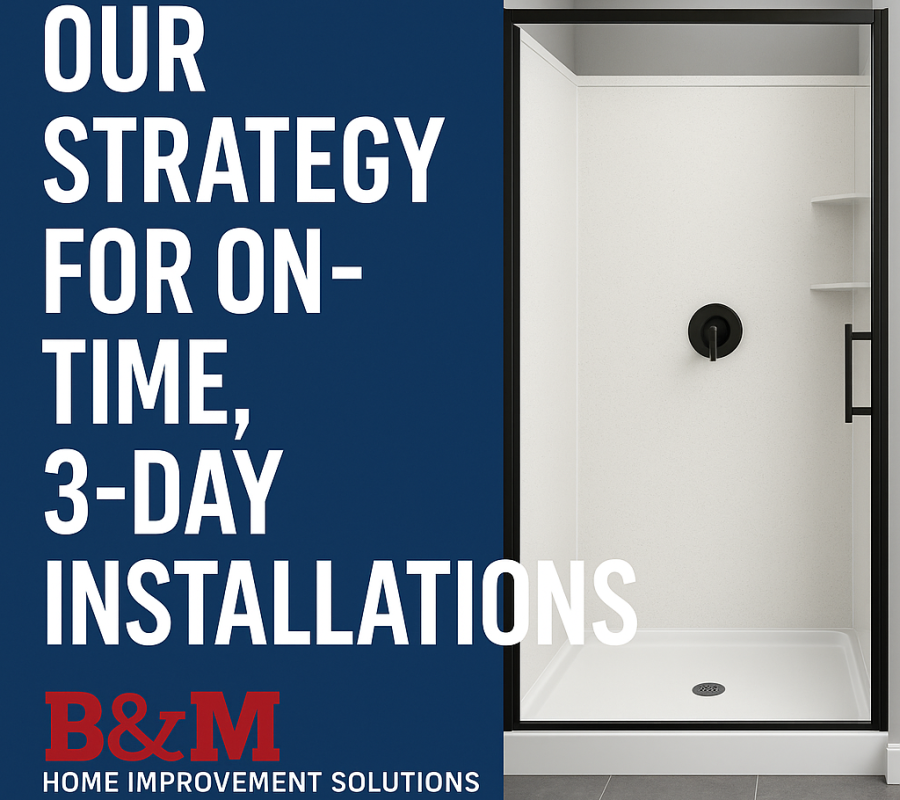 Solid surface shower remodel in progress, highlighting B&M Home Improvement Solutions’ 3-day installation process from demo to glass enclosure