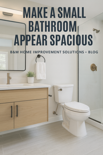 Bright, modern small bathroom with floating vanity, large mirror, and glass shower in a Lancaster County home.