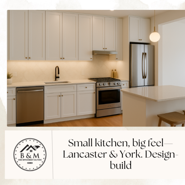 Bright small kitchen with tall white cabinets, under-cabinet lighting, peninsula seating, and counter-depth appliances in Lancaster PA