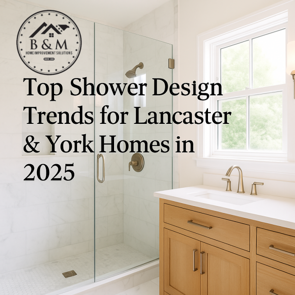 Bright, modern walk-in shower with frameless glass, brushed gold fixtures, and light stone walls designed for Lancaster and York PA homes in 2025. Image branded with B&M Home Improvement Solutions logo.