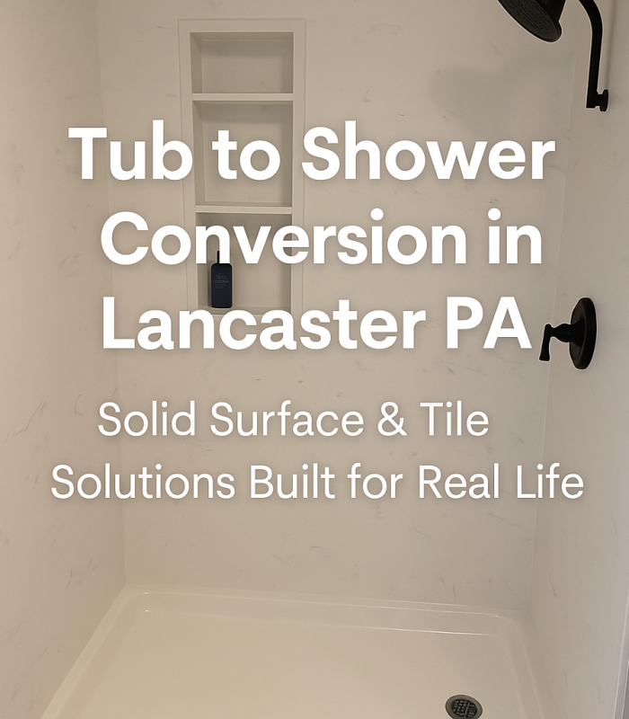 A shower remodeling project in Lancaster PA with overlaid text describing tub to shower conversion options including solid surface and custom tile