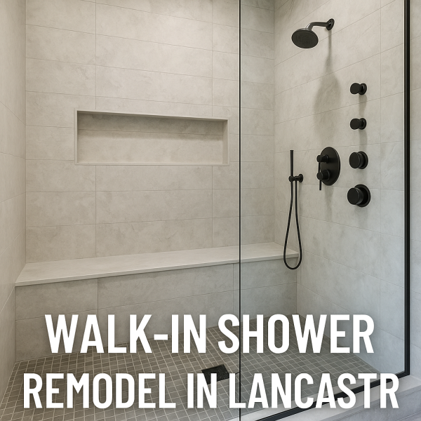 High-end walk-in shower remodel in Lancaster, PA with frameless glass, curbless entry, large-format tile, rainfall showerhead, handheld sprayer.